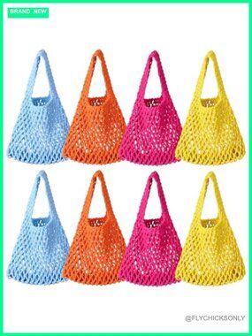 Set of 8 Cotton Rope Tote Bags with Handles, Bohemian Crochet Gift Bags for